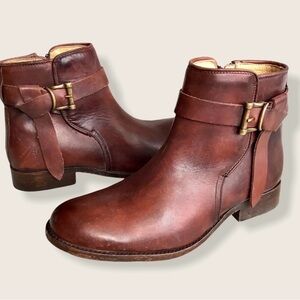 Frye Melissa Knotted Redwood Brown Leather Ankle Boots with Buckle